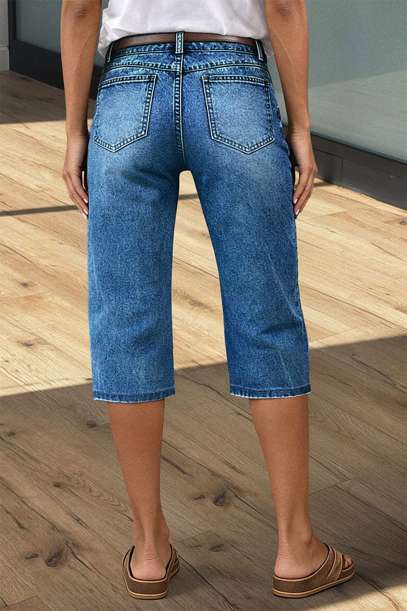 Wash Stitch Detail Mid Waist Straight Leg Capri Jeans Without Belt