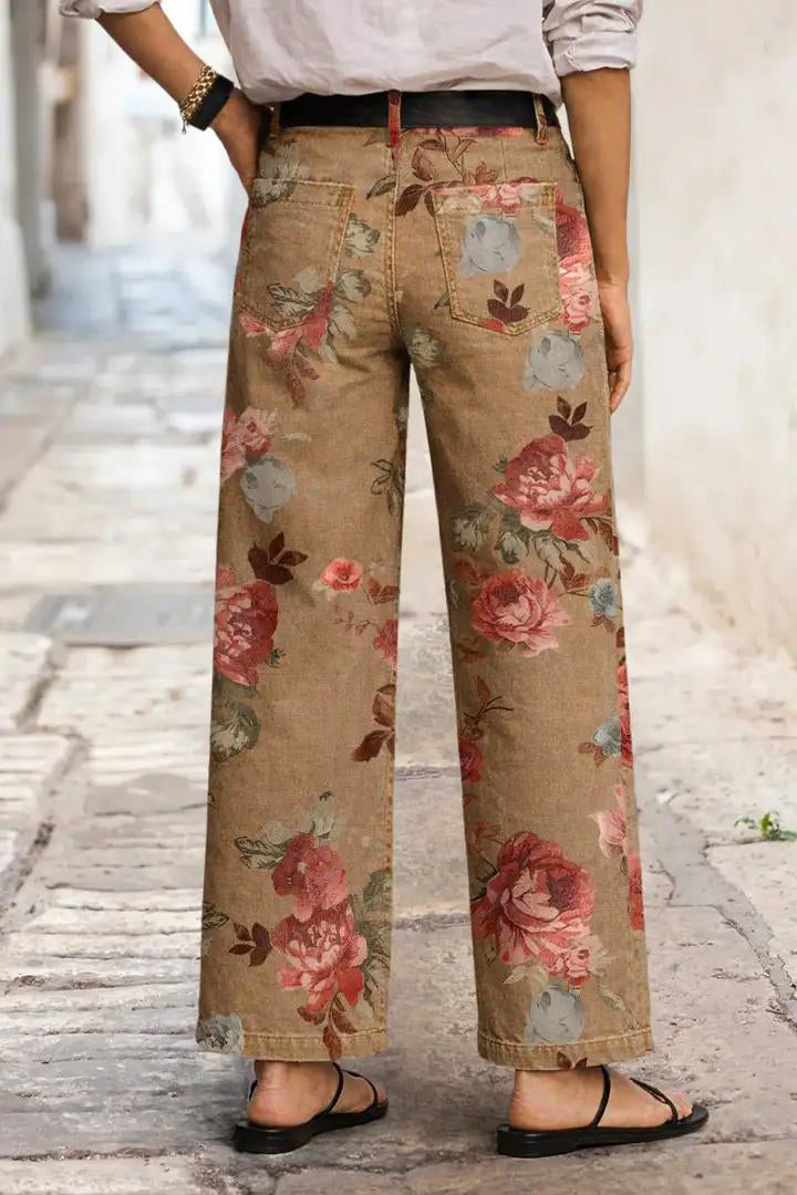 Floral Print Patch Pocket High Rise Straight Leg Pants Without Belt