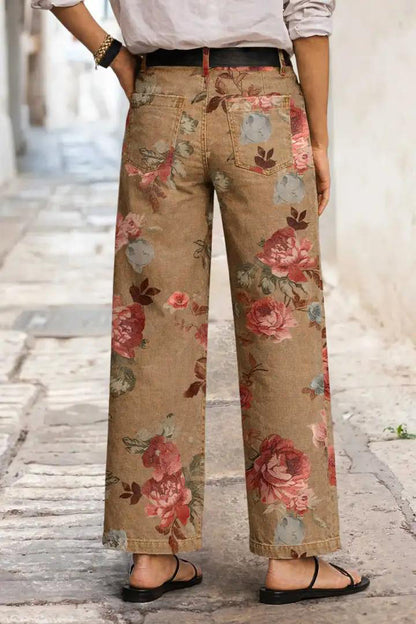 Floral Print Patch Pocket High Rise Straight Leg Pants Without Belt