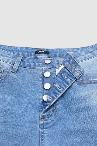 Wash Ripped Roll Hem Button Fly Mid Rise Straight Leg Crop Jeans