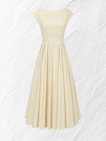 Robe midi en lin, manches courtes, col bateau, unie, vintage, blanc cassé