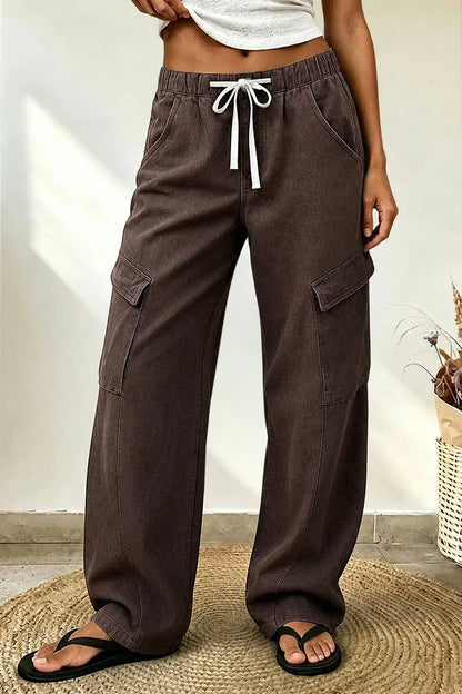 Solid Flap Pocket Drawstring Elastic Mid Waist Wide Leg Cargo Pants