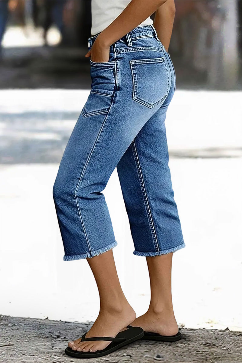 Wash Patch Pocket Raw Hem High Rise Straight Leg Capri Jeans