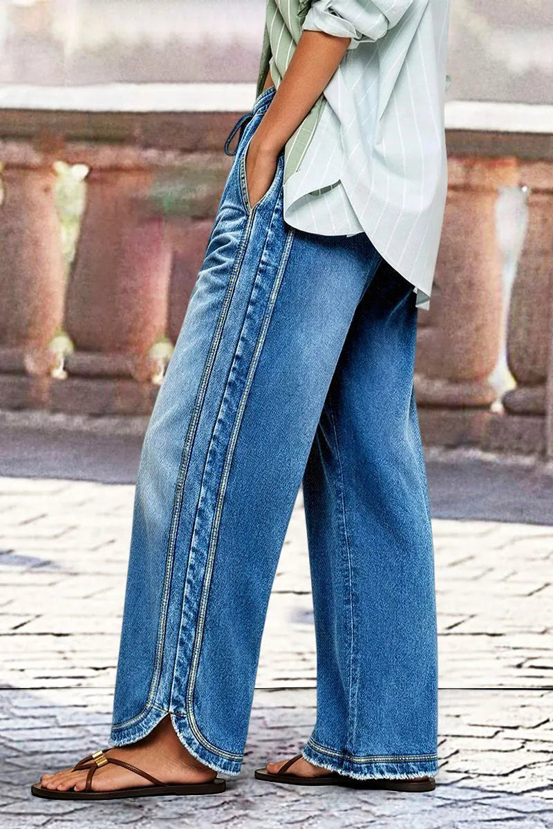 Wash Raw Hem Drawstring Split Mid Waist Wide Leg Jeans