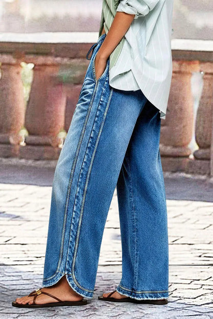 Wash Raw Hem Drawstring Split Mid Waist Wide Leg Jeans