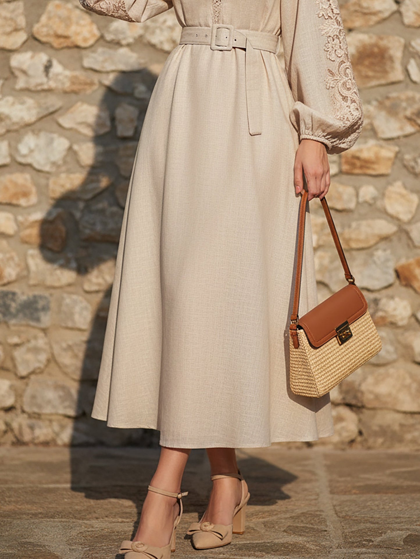 Robe Midi en Lin, Manches Longues, Unie, Dentelle, Style Vintage Français, Abricot