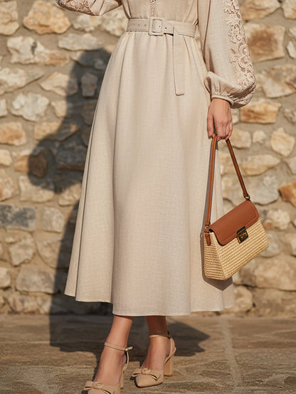 Robe Midi en Lin, Manches Longues, Unie, Dentelle, Style Vintage Français, Abricot