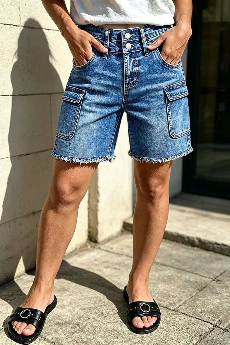 Wash Raw Hem Dual Button Mid Waist Denim Mid Thigh Shorts