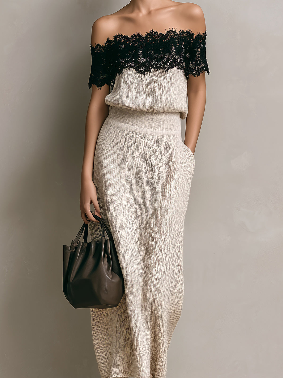Chic Elegant Cream White Off-The-Shoulder Lace Detail Loose-Fit Sweater And A-Line Maxi Skirt Ribbed Knit Two-Piece Set