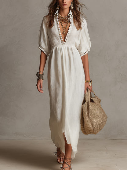Robe longue bohème blanche à pompons et perles