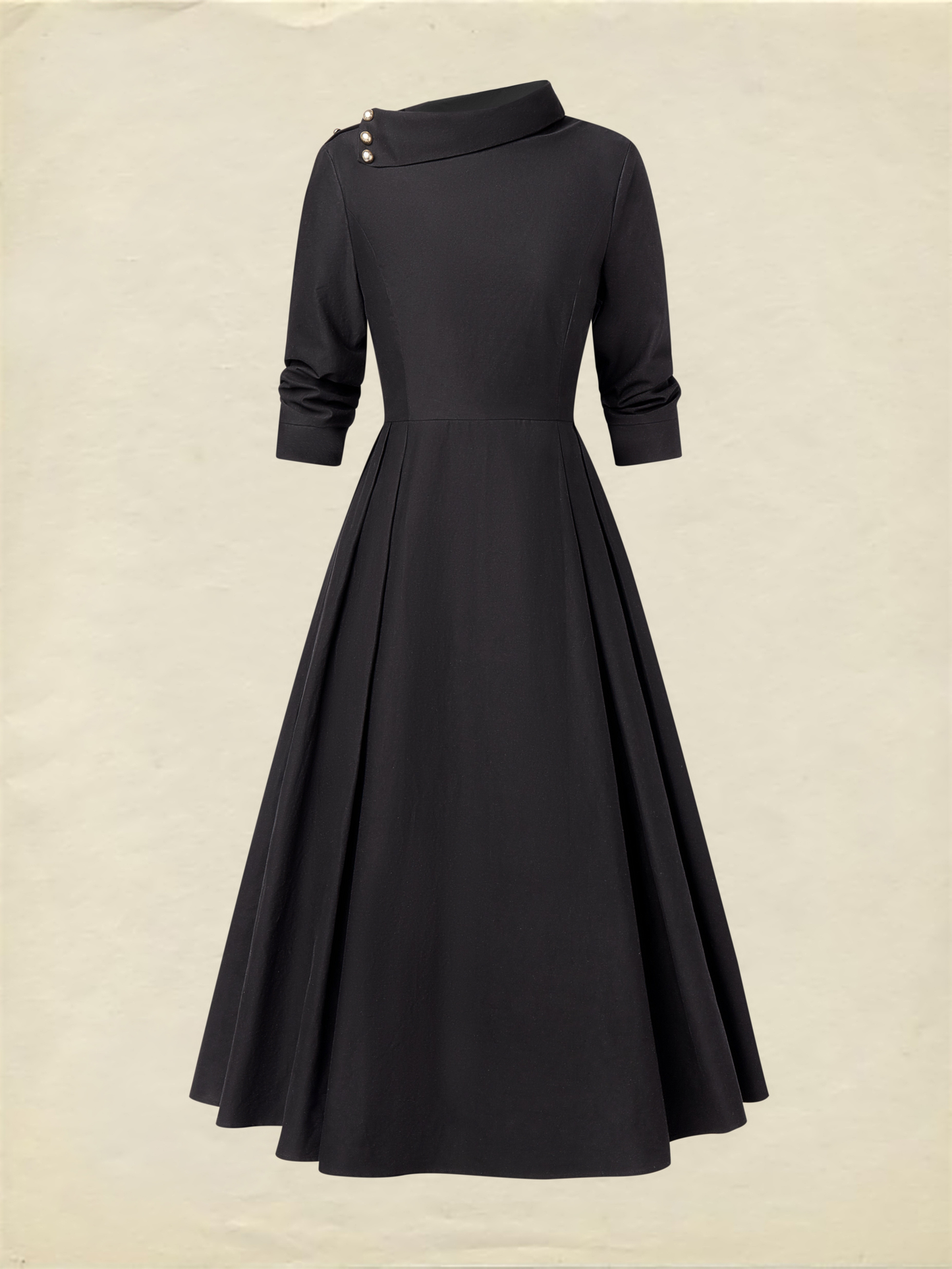 Robe midi en coton, demi-manches, col châle, unie, poches, vintage, noire