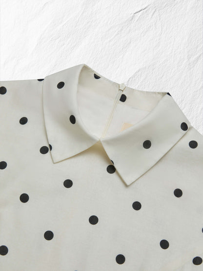 Robe longue en lin, manches courtes, col châle, pois, esprit vintage français, blanc cassé