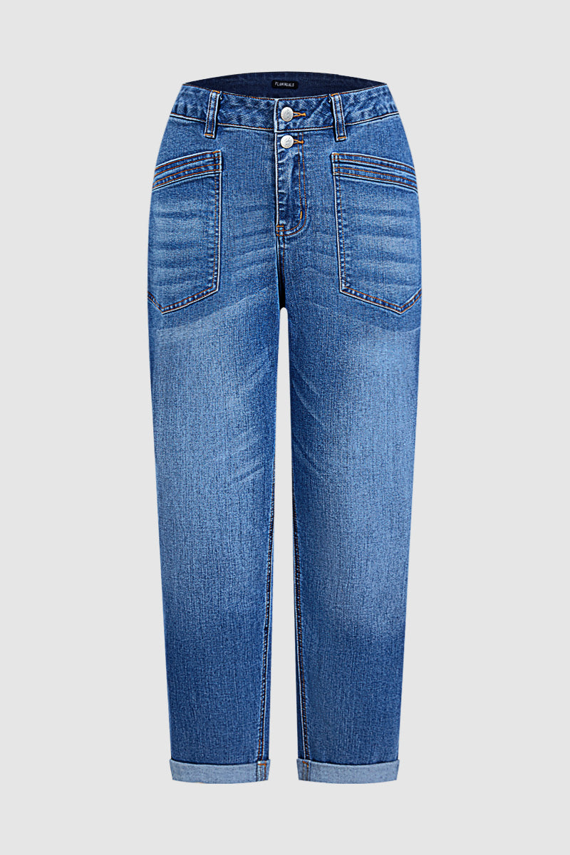 Wash Roll Hem Patched Pocket High Waist Tapered Crop Jeans