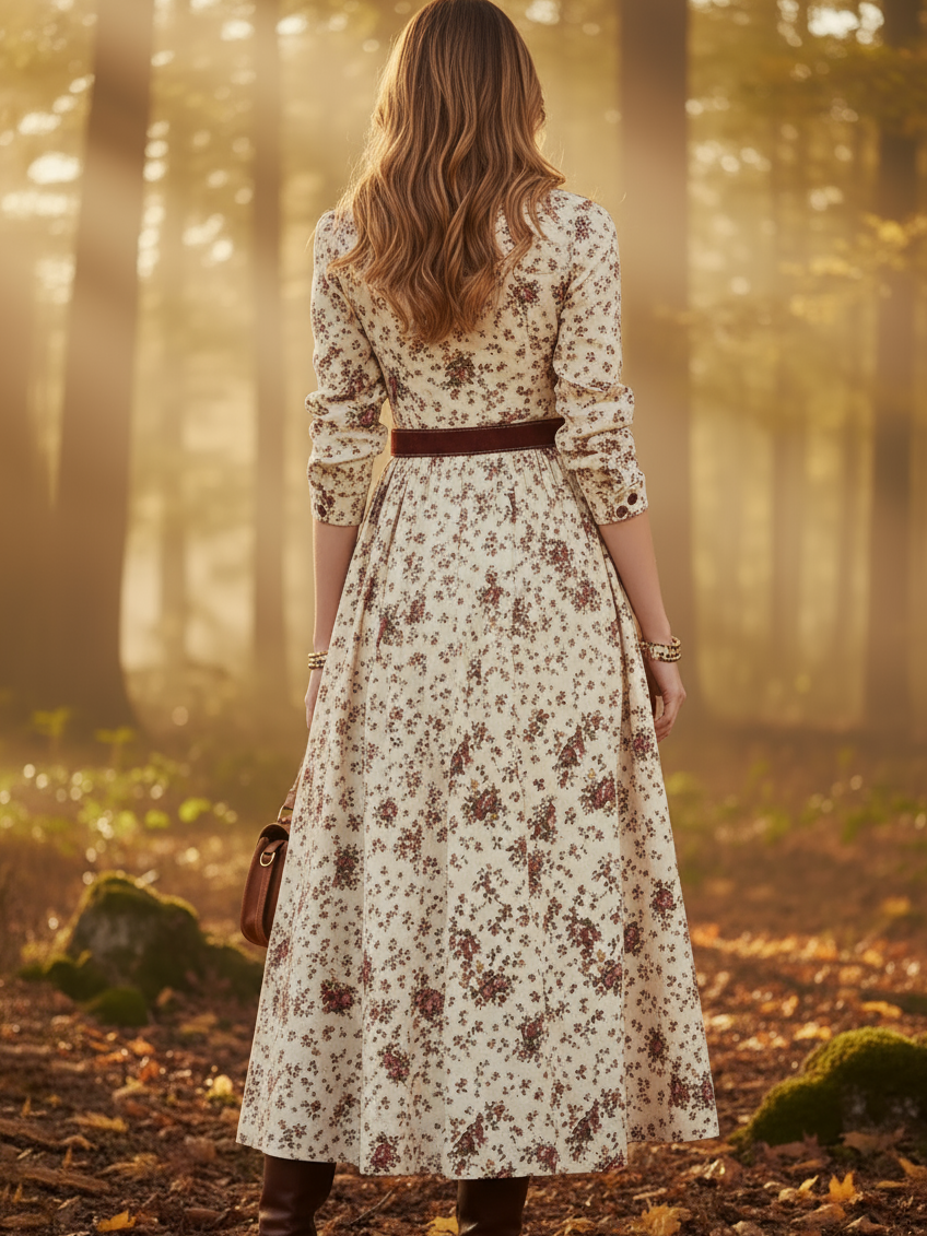 Robe Midi en Lin, Manches Longues, Col Châle, Imprimé Floral, Ceinturée, Vintage, Abricot
