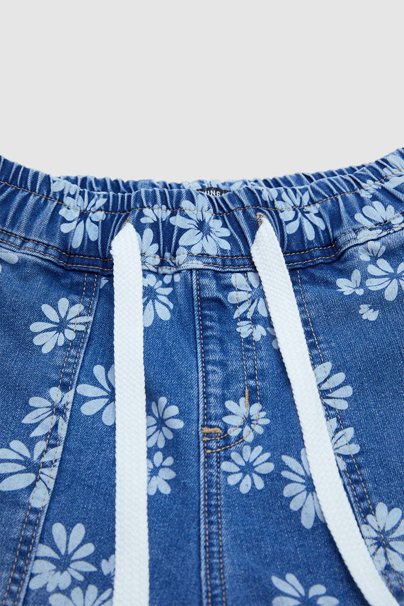 Floral Print Drawstring Mid Waist Denim Bermuda Shorts