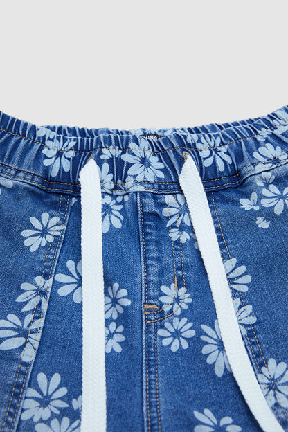 Floral Print Drawstring Mid Waist Denim Bermuda Shorts