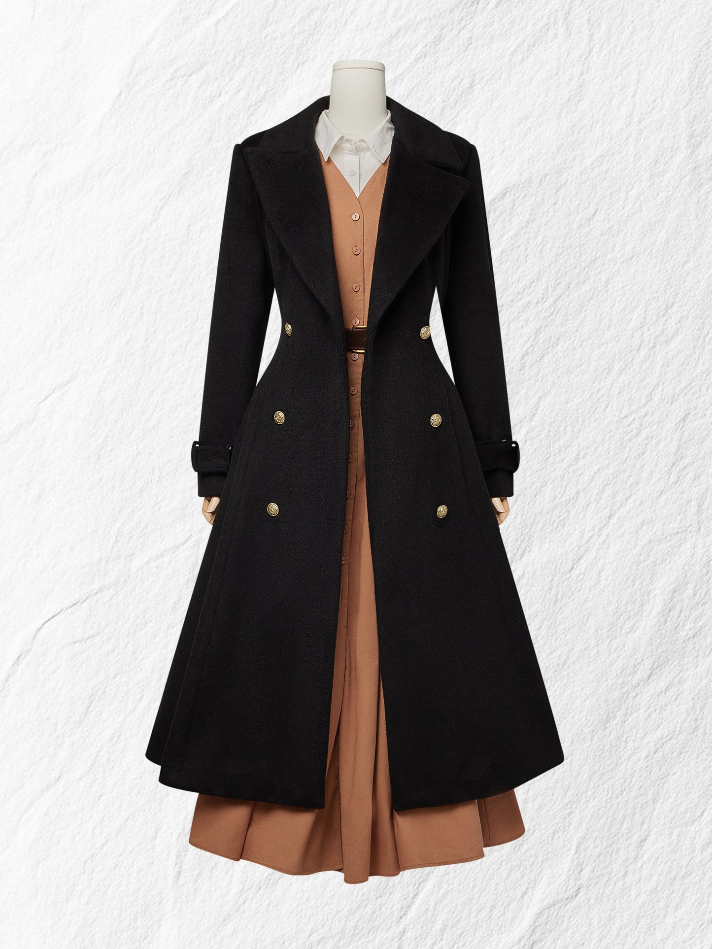 Trench-coat en laine, manches longues, col à revers, uni, boutonné, vintage, noir