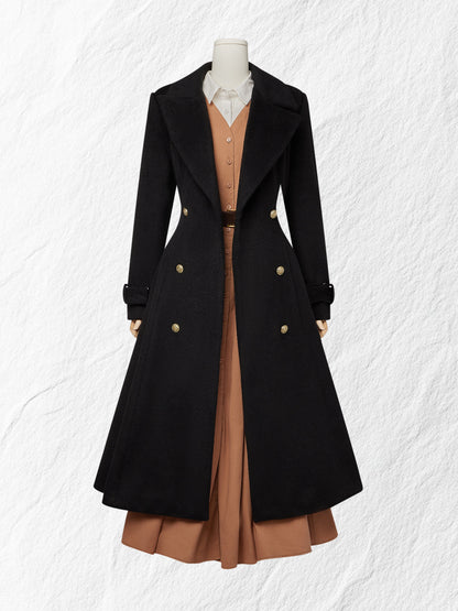 Trench-coat en laine, manches longues, col à revers, uni, boutonné, vintage, noir