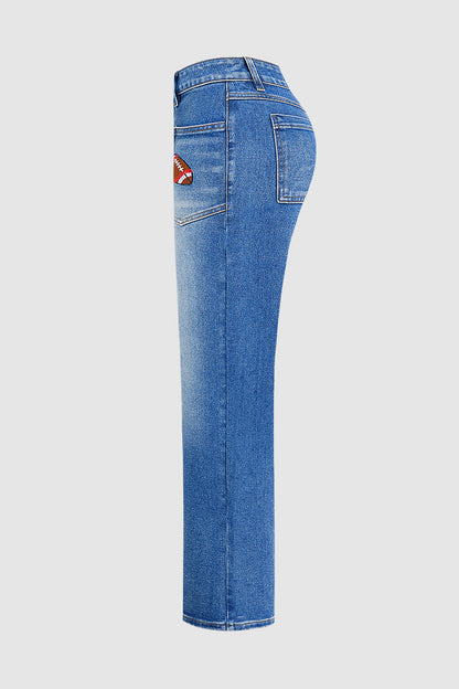 Wash Embroidery Mid Waist Straight Leg Jeans Without Belt