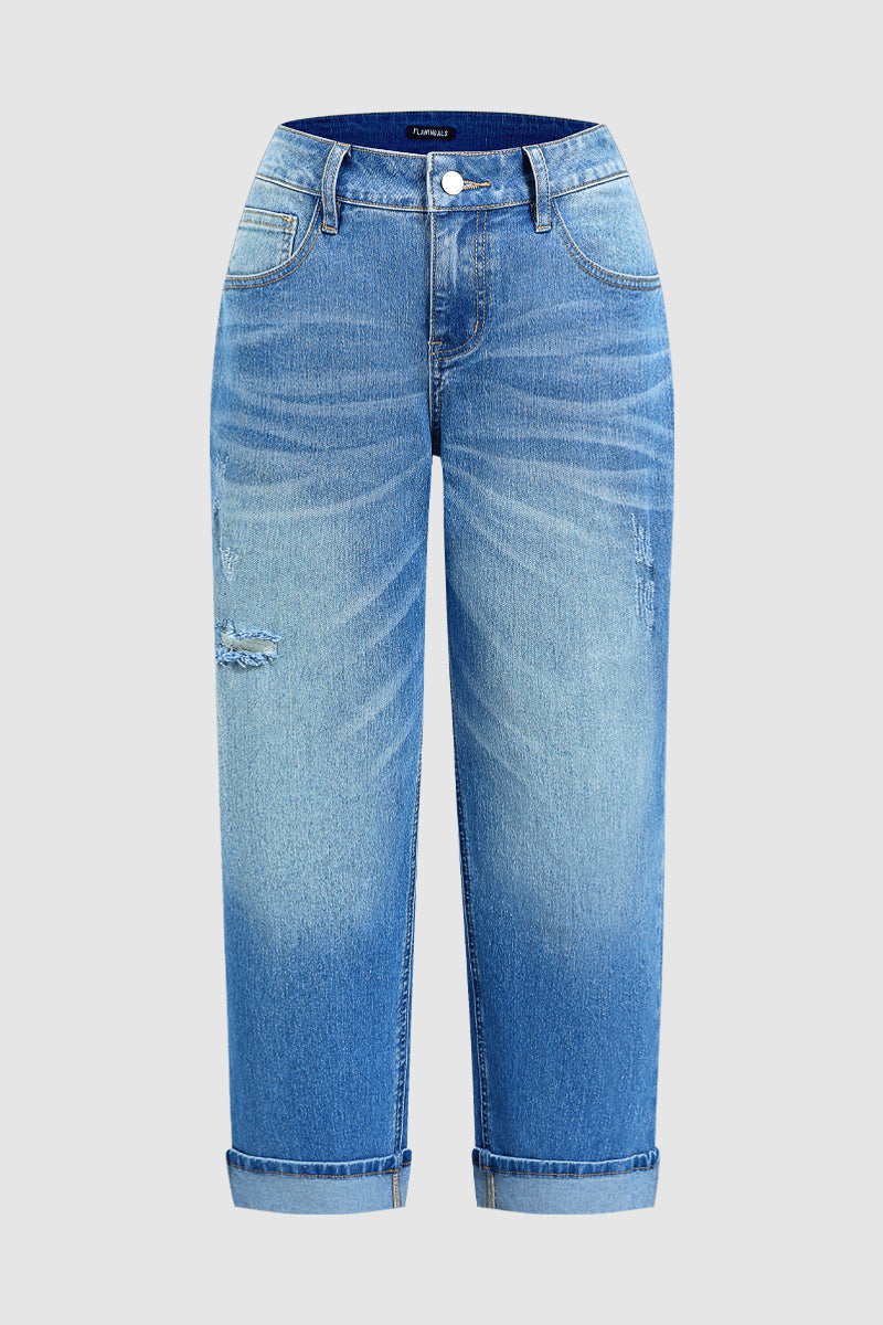 Wash Ripped Roll Hem Mid Waist Straight Leg Crop Jeans