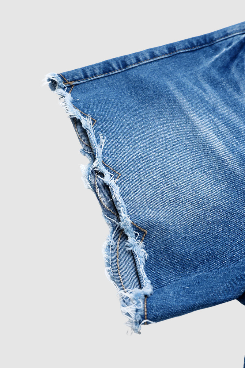 Wash Scallop Trim Raw Hem Mid Rise Denim Shorts