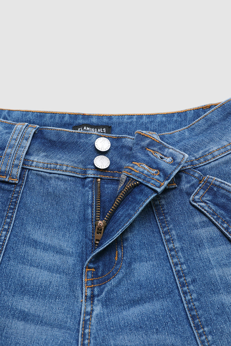 Wash Flap Pocket Drawstring Hem Mid Waist Straight Leg Capri Jeans