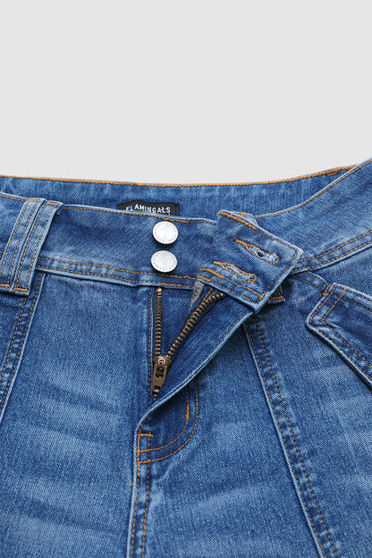 Wash Flap Pocket Drawstring Hem Mid Waist Straight Leg Capri Jeans