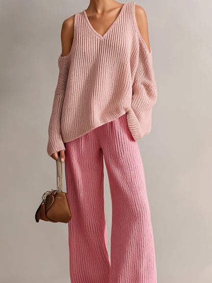 Chic Elegant Pink Colorblock V-Neck Long-Sleeve Cutout Details Loose-Fit Sweater And Wide-Leg Pants Ribbed Knit Two-Piece Set