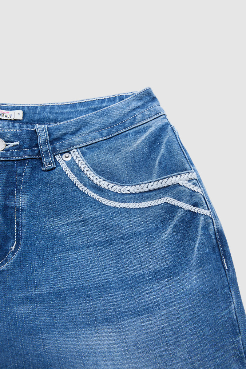 Wash Stitch Detail Mid Waist Straight Leg Jeans