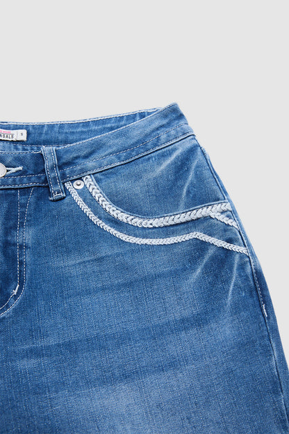 Wash Stitch Detail Mid Waist Straight Leg Jeans