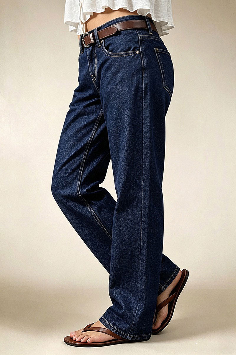 Wash Studded Mid Waist Straight Leg Jeans Without Belt