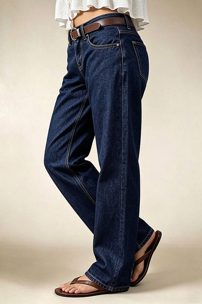 Wash Studded Mid Waist Straight Leg Jeans Without Belt
