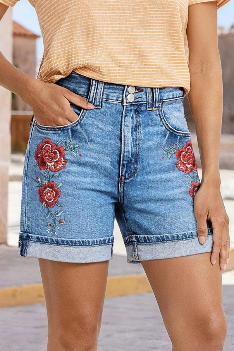 Roll Hem Floral Embroidery Mid Waist Denim Shorts