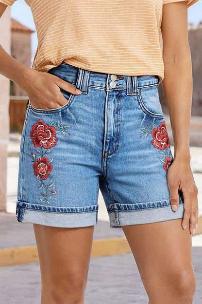 Roll Hem Floral Embroidery Mid Waist Denim Shorts