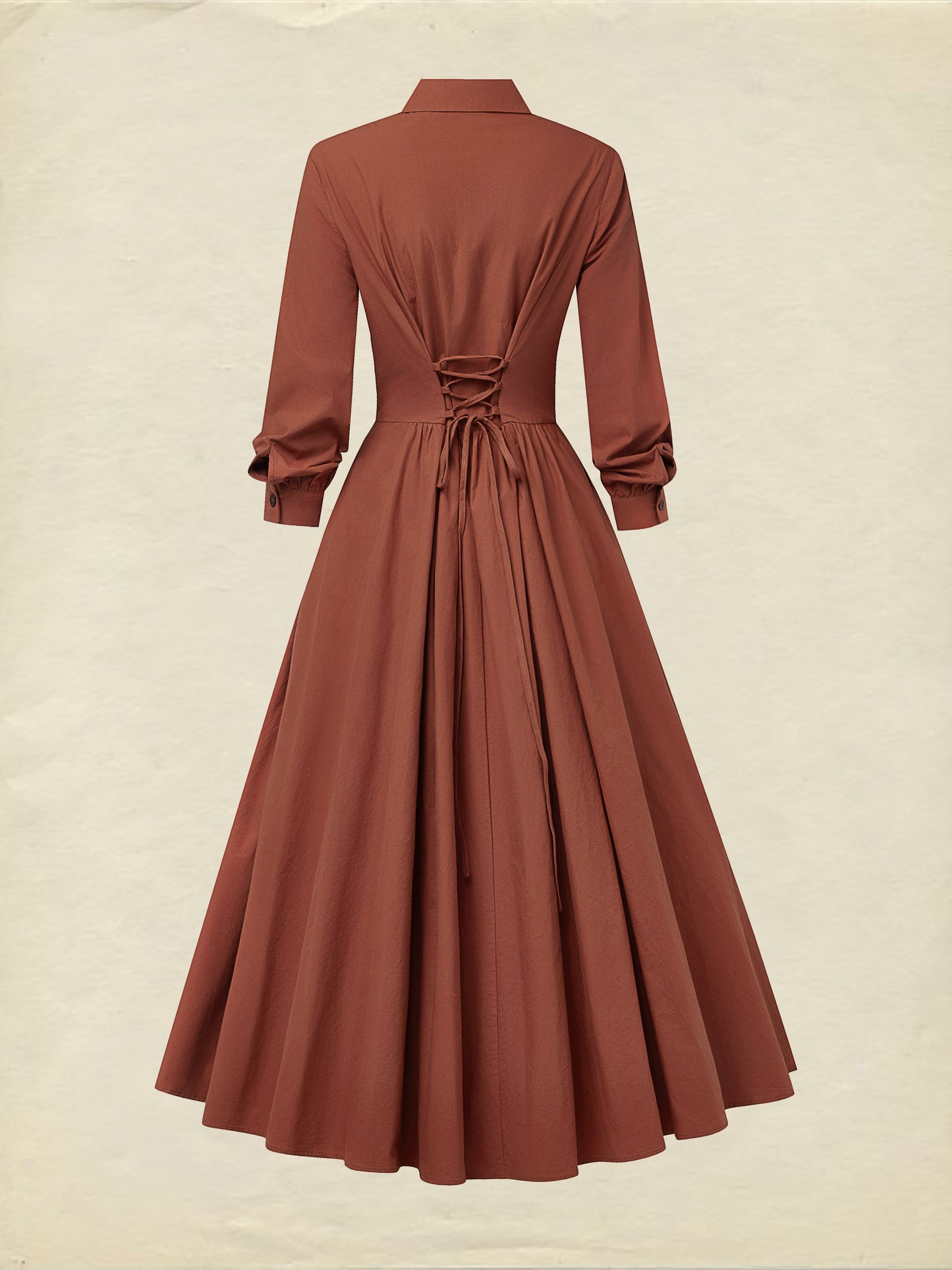 Robe longue en coton, Manches longues, Col châle, Unie, Boutonnée, Vintage, Rouge brique