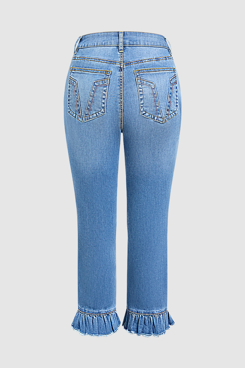 Raw Hem Ruffle Mid Waist Straight Leg Cropped Jeans