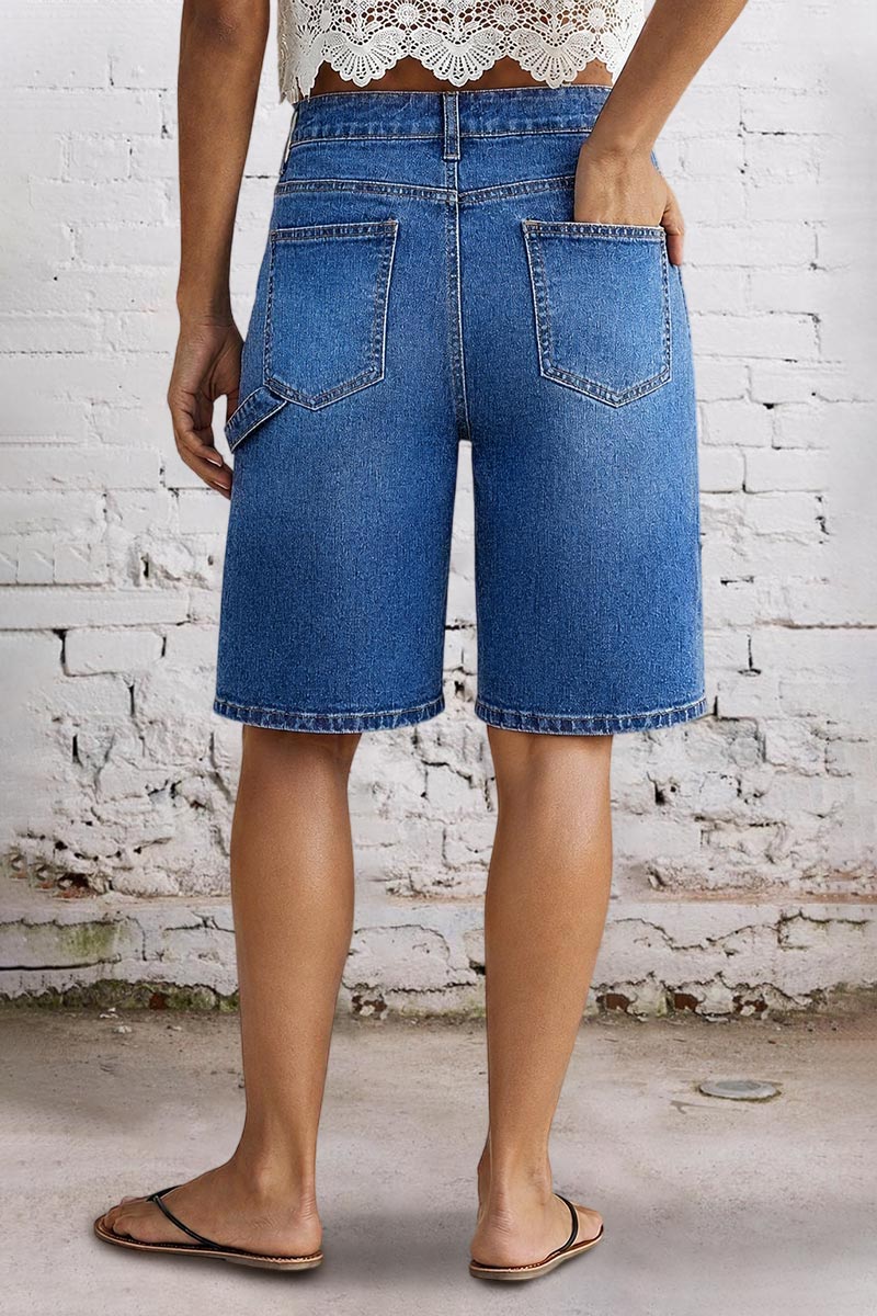 Wash Ripped Patch Pocket High Rise Denim Bermuda Shorts