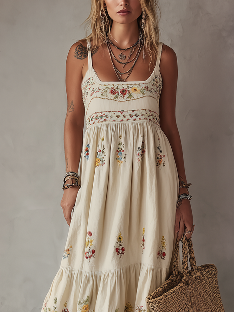 Robe longue bohème blanc ivoire brodée de fleurs avec fines bretelles