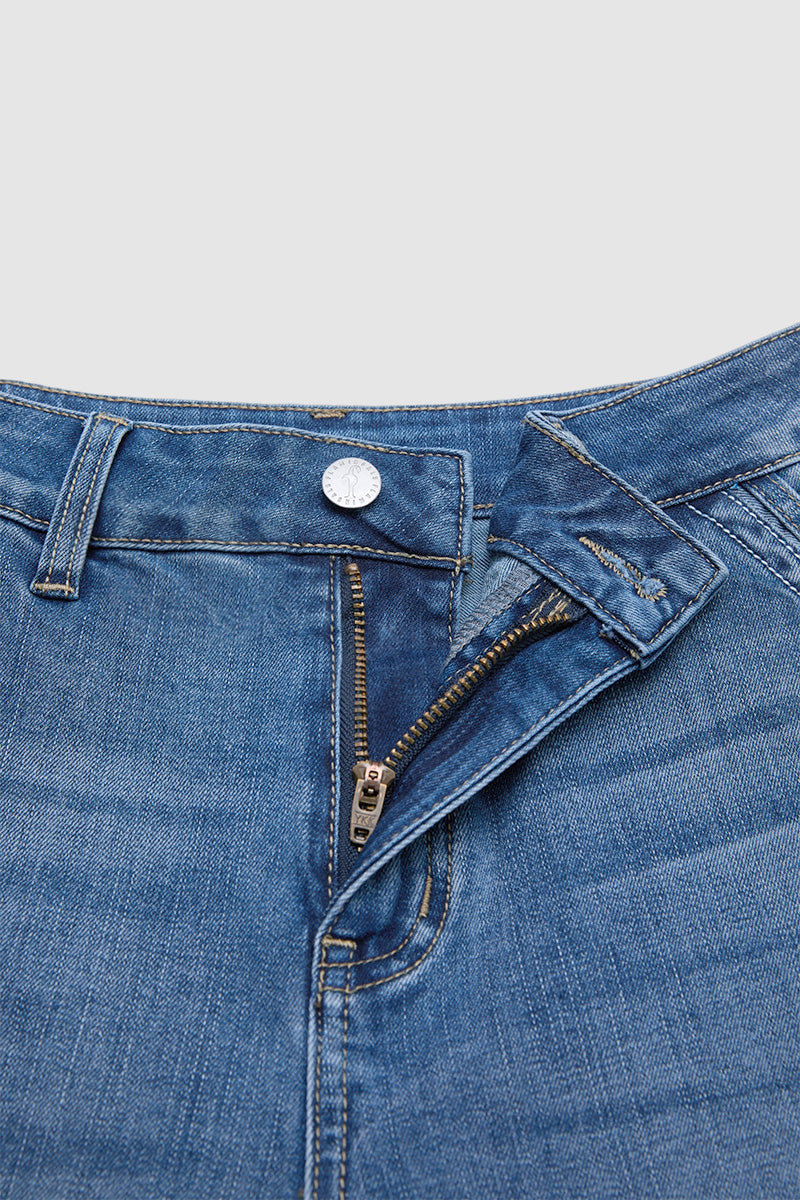 Wash Stitch Detail Mid Waist Wide Leg Capri Jeans Without Belt