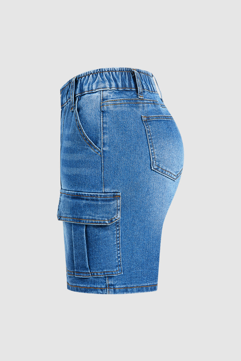 Wash Flap Pocket Seam Front Elastic Mid Rise Mid Thigh Denim Shorts