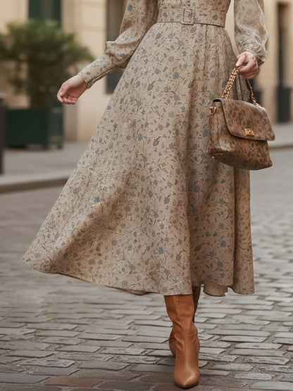 Robe Midi en Lin, Manches Longues, Col en V, Fleurie, Ceinturée, Vintage, Kaki