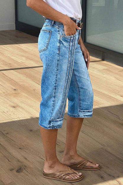 Wash Stitch Detail Mid Waist Straight Leg Capri Jeans Without Belt