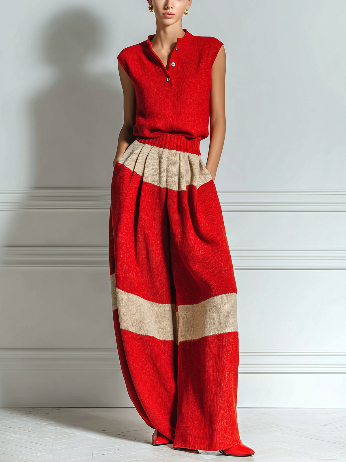 Chic Elegant Red-Camel Colorblock Henley Neck Sleeveless Loose-Fit Top And Elastic Waist Wide-Leg Pants Knit Two-Piece Set