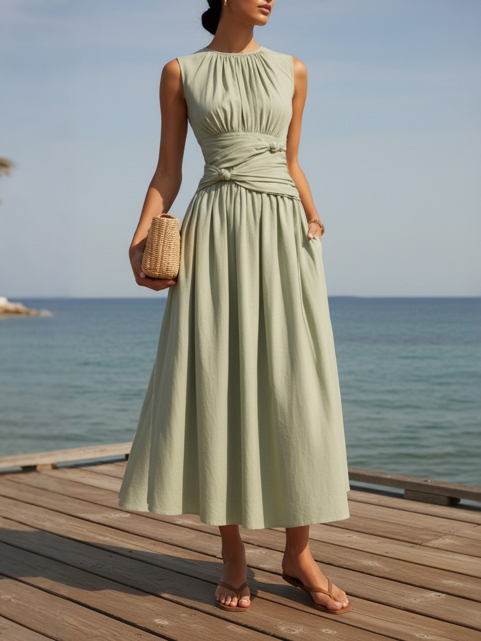 Robe longue en lin, sans manches, col rond, unie, style vintage français, verte