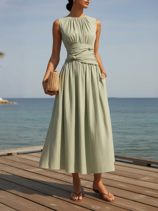 Robe longue en lin, sans manches, col rond, unie, style vintage français, verte