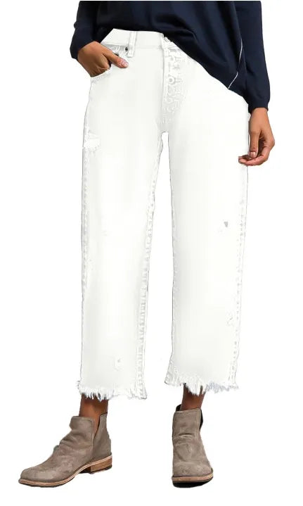 Wash Raw Hem Ripped Mid Rise Crop Straight Leg Jeans