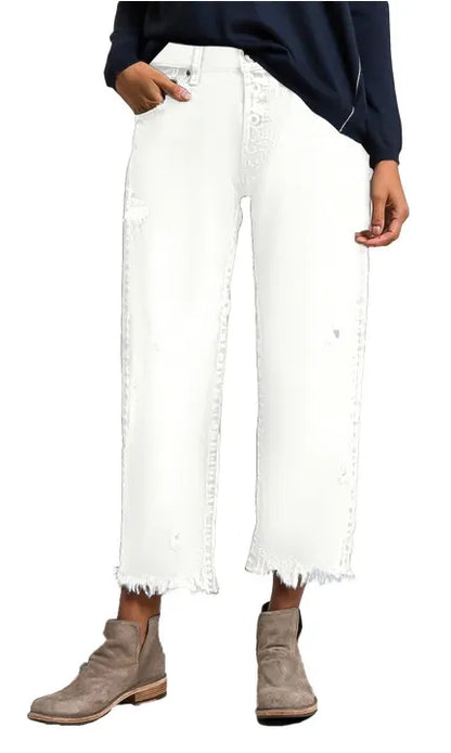 Wash Raw Hem Ripped Mid Rise Crop Straight Leg Jeans