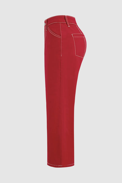 Contrast Stitch Mid Rise Wide Leg Crop Pants