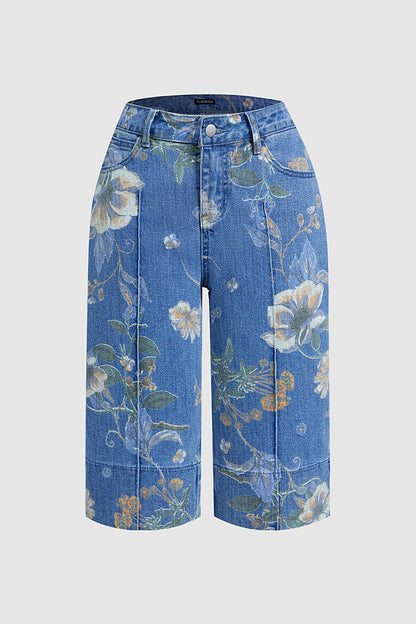 Floral Print Seam Front Mid Waist Denim Bermuda Shorts