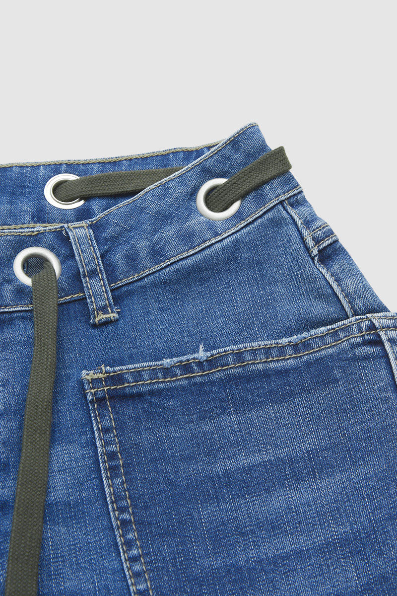 Drawstring Patch Pocket Mid Waist Barrel Leg Jeans